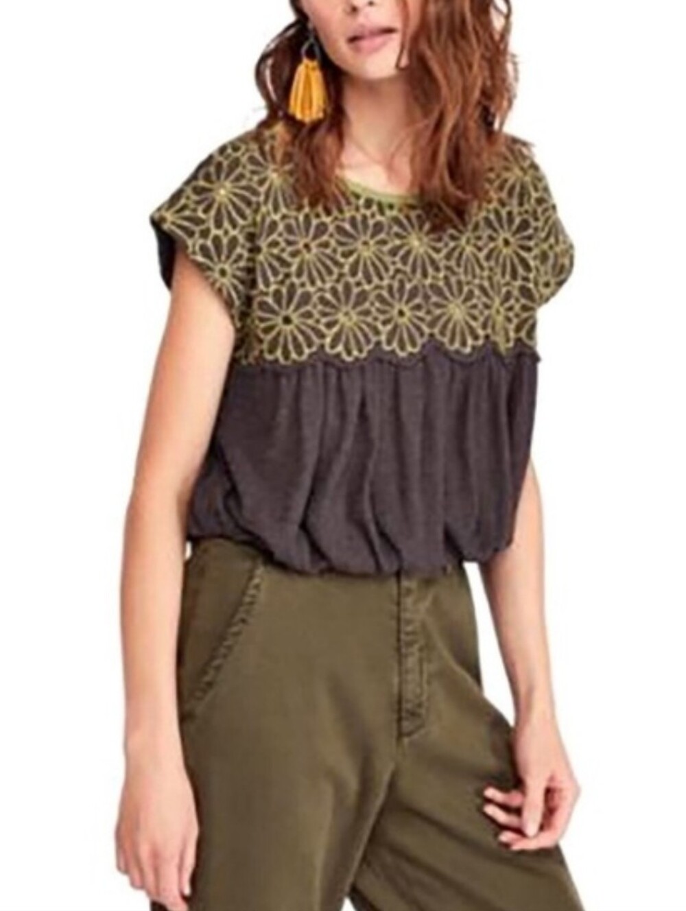 Free People Georgia Embroidered Green Bubble Top Size Medium